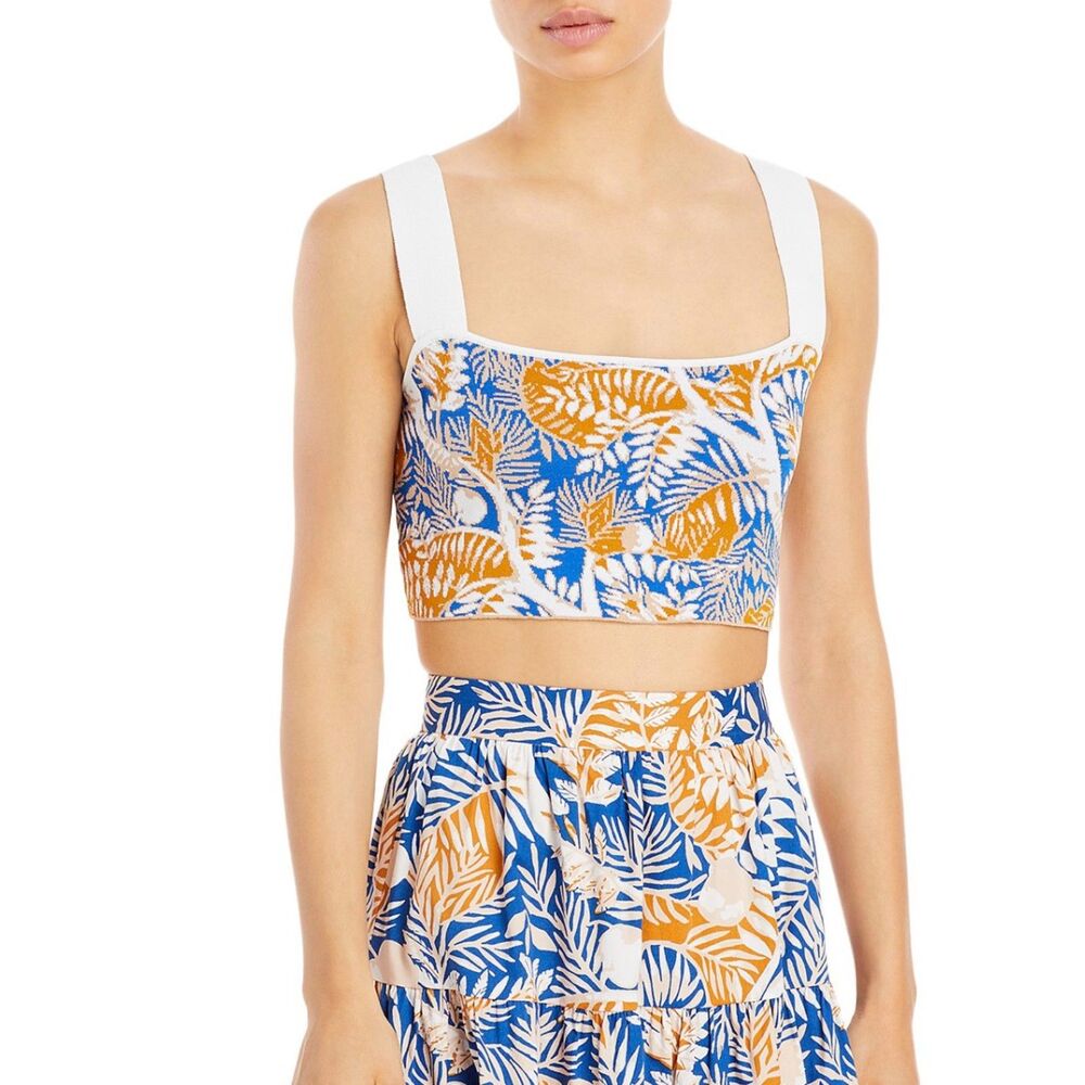 Staud Womens Cropped Floral Tank Blue Square Neck  Viscose Size S/XL Altered GUC
